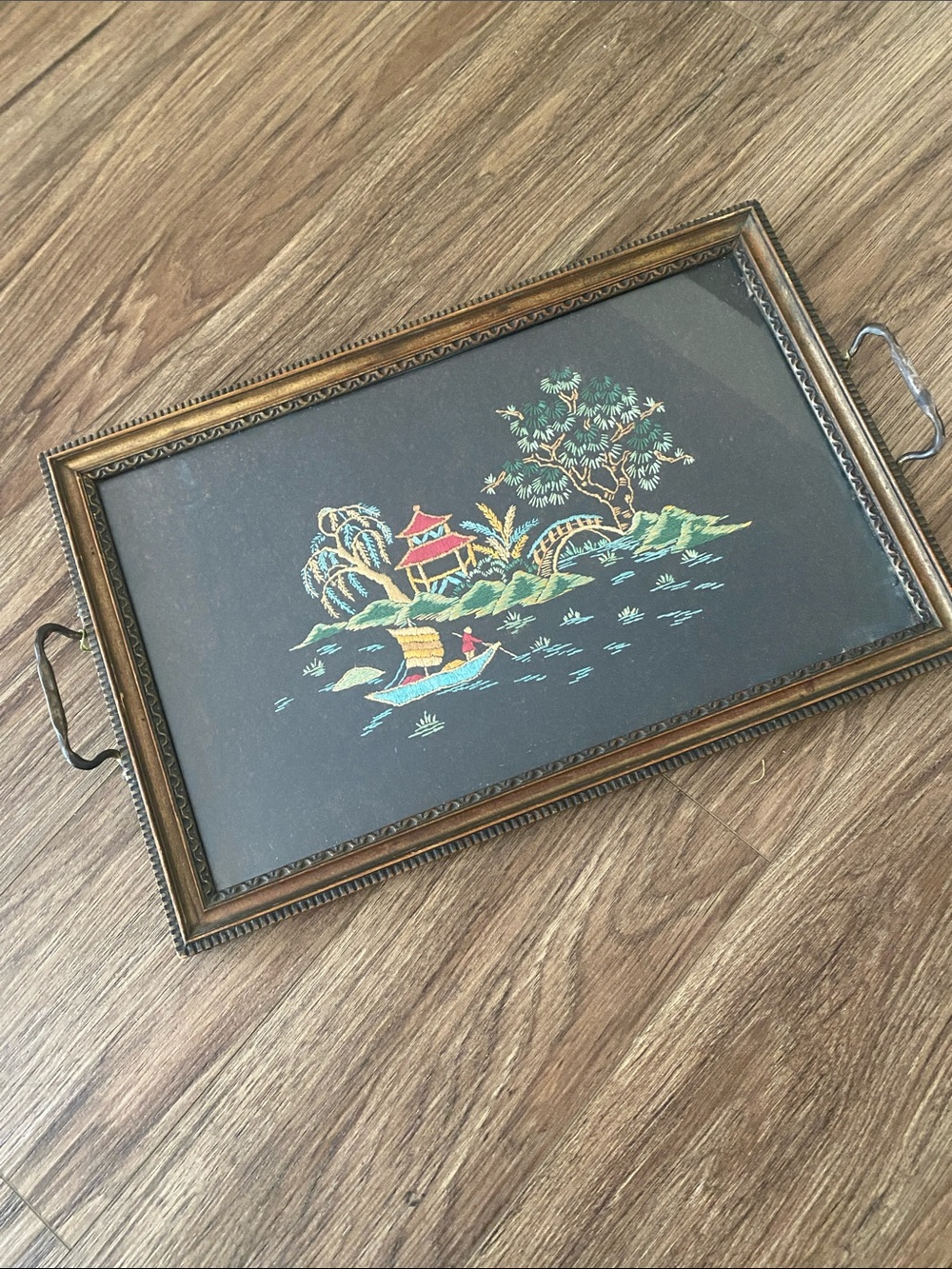 Vintage Embroidered Asian crewel Serving Tray wall art.